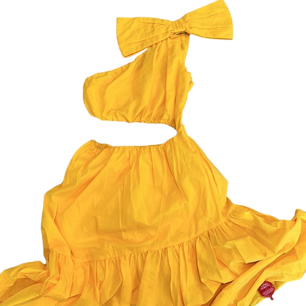 Black Halo Atlas Yellow Banana One Shoulder Bow Cut Out Midi Dress Vacation XS - Picture 2 of 11